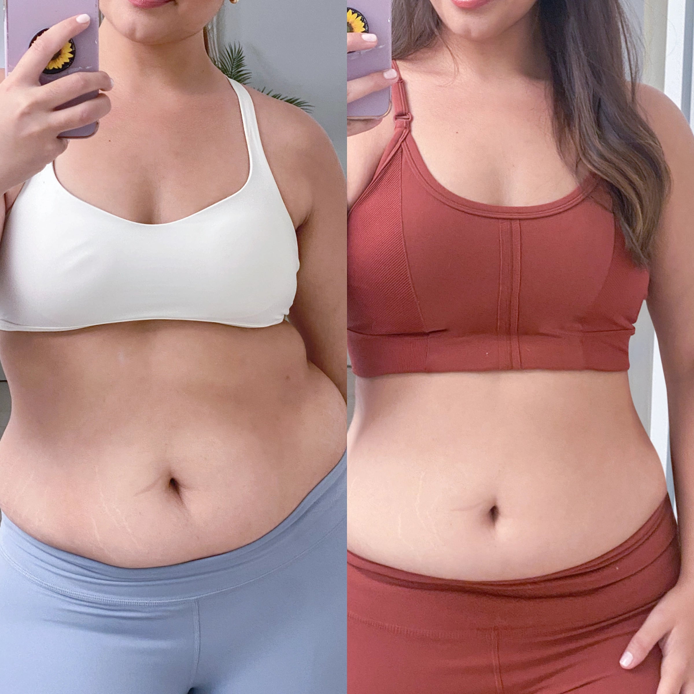Comparación antes y después de usar faja Hot Shapers mostrando reducción de abdomen y cintura